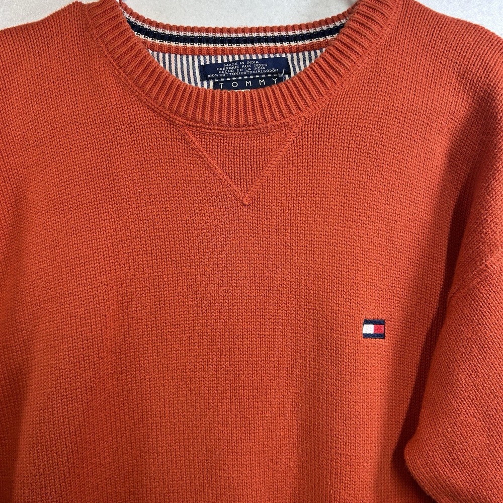 Y2K Tommy Hilfiger Sweater Men's L Heavyweight Crew Neck Orange - Picture 2 of 5